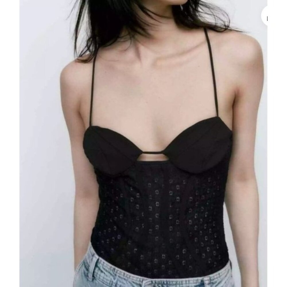 Zara Black Lace-Effect Bustier Bodysuit